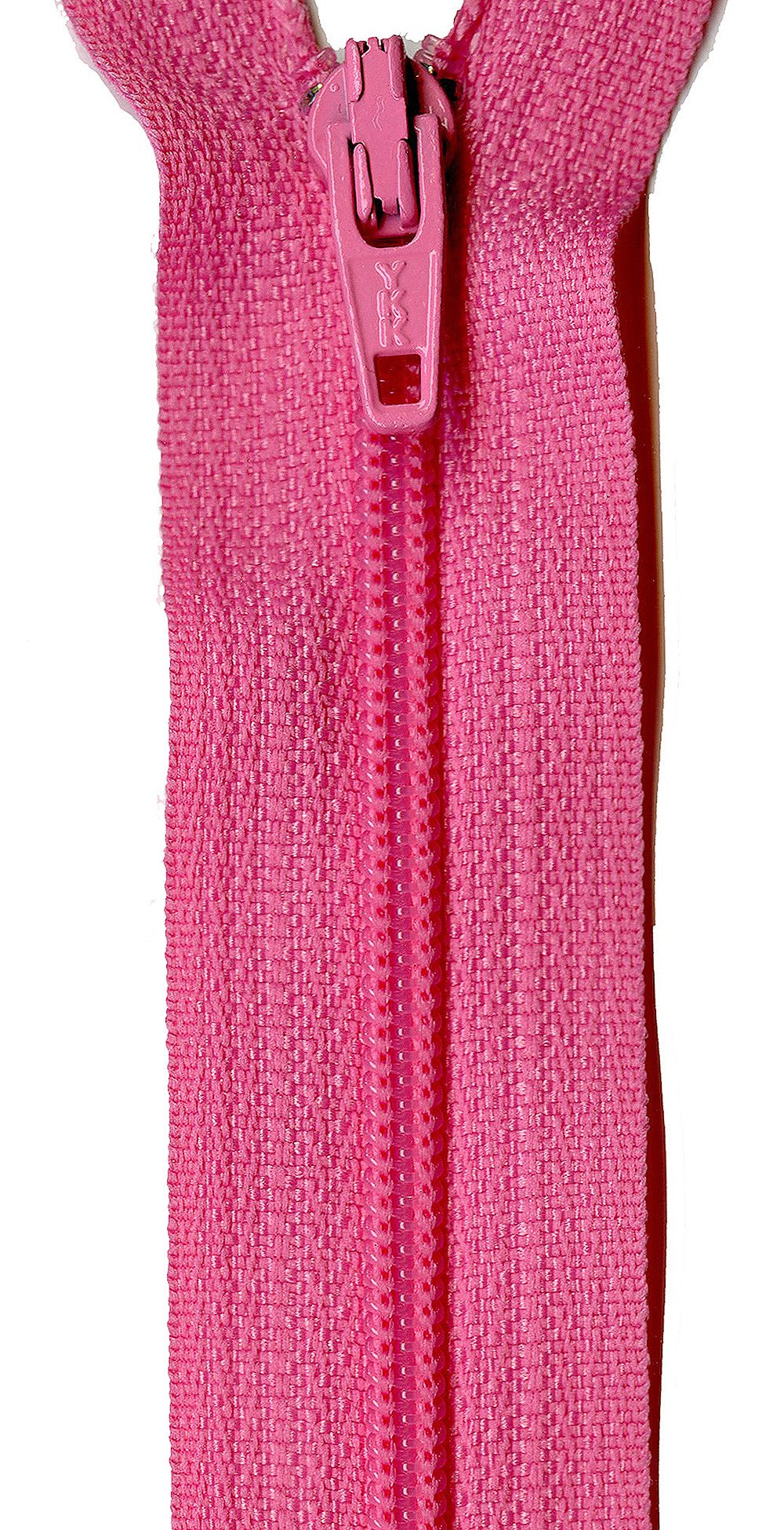 A close-up of a bright pink zipper with matching pink pull tab, shown vertically against a plain white background.