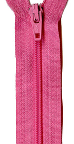 A close-up of a bright pink zipper with matching pink pull tab, shown vertically against a plain white background.