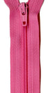 A close-up of a bright pink zipper with matching pink pull tab, shown vertically against a plain white background.