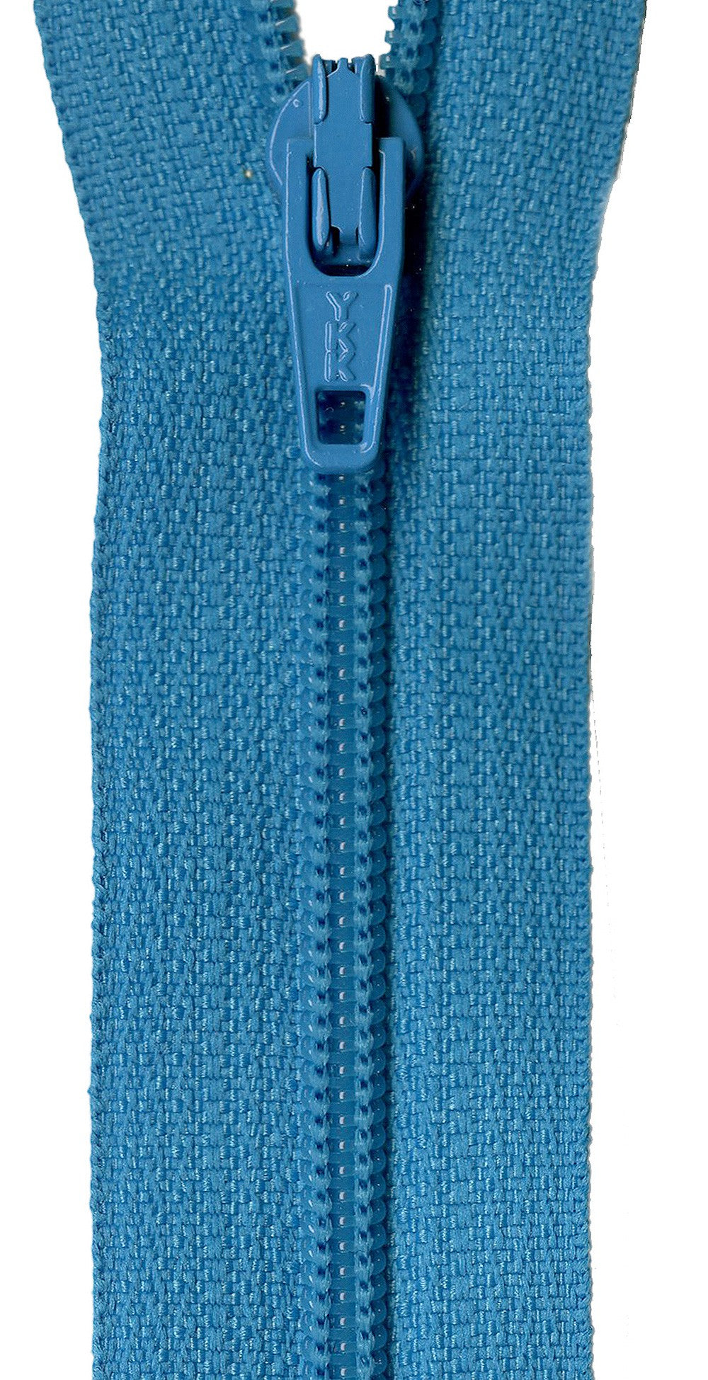 A close-up of a blue zipper with a matching blue pull tab, set against a plain white background.