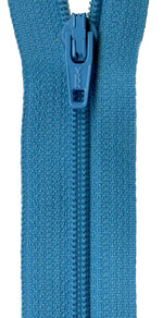 A close-up of a blue zipper with a matching blue pull tab, set against a plain white background.