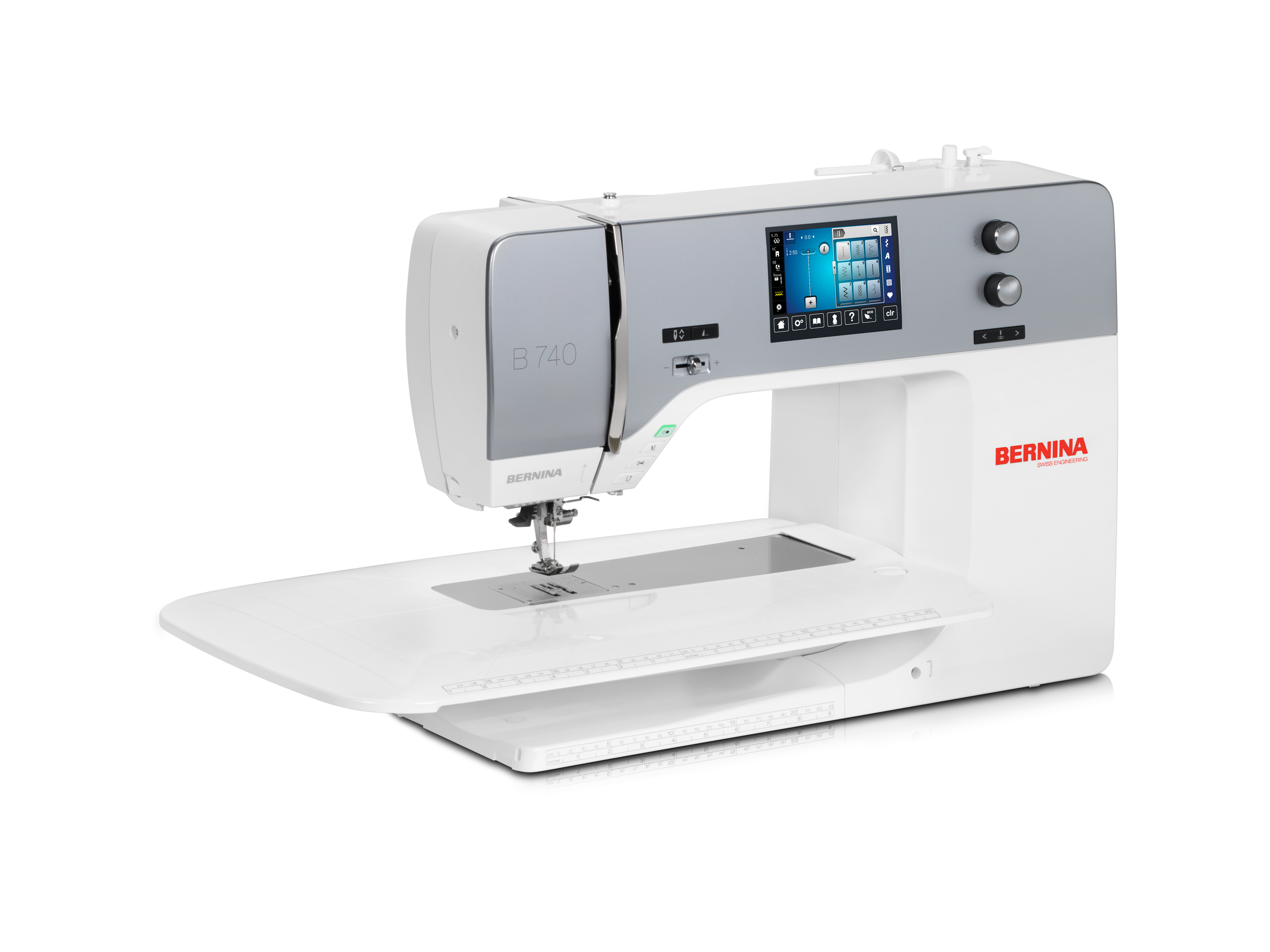 angled image of the online exclusive BERNINA 740 Sewing Machine with a table attached