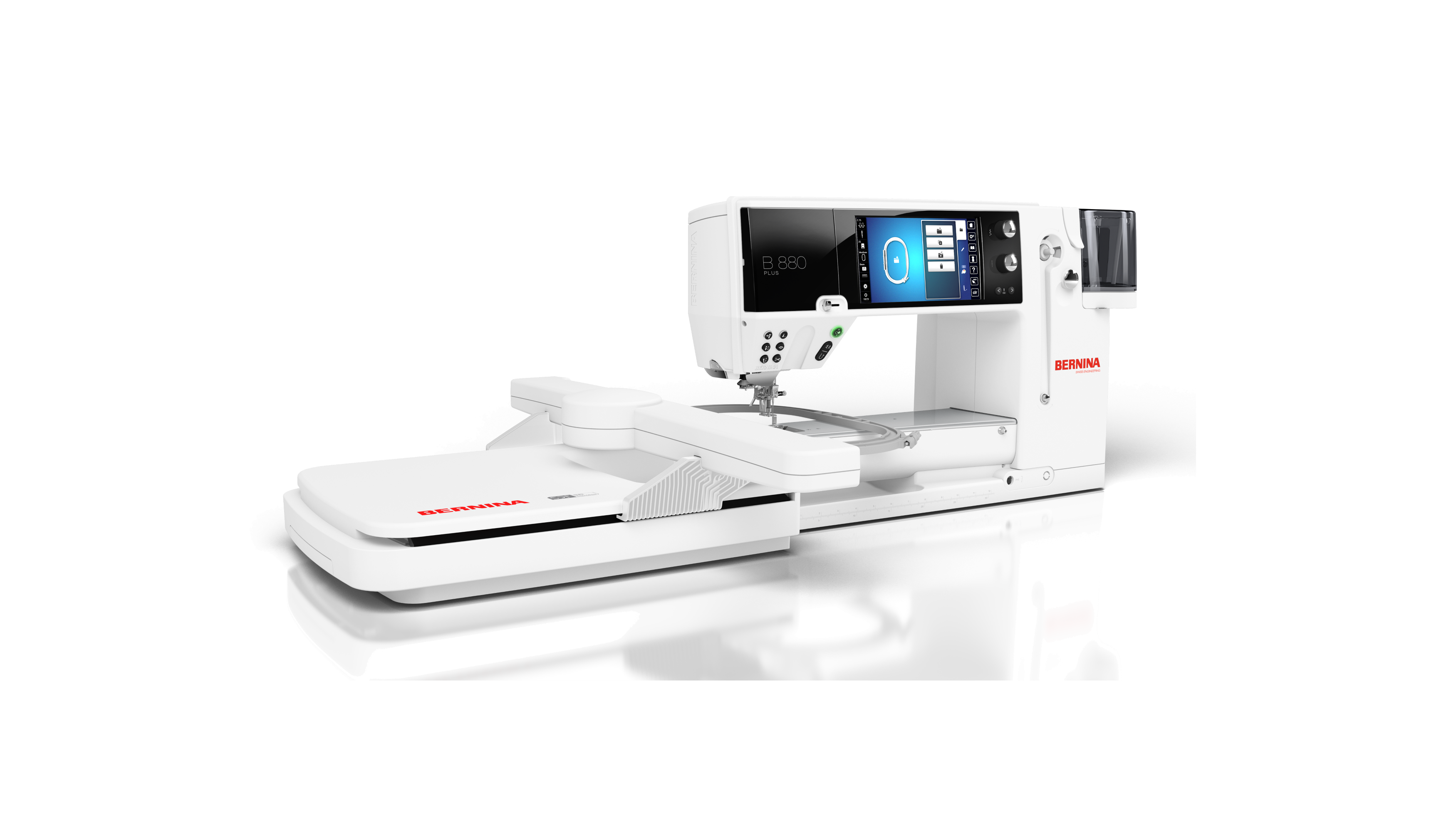 angled image of the BERNINA 880 PLUS Sewing and Embroidery Machine with module and hoop attached