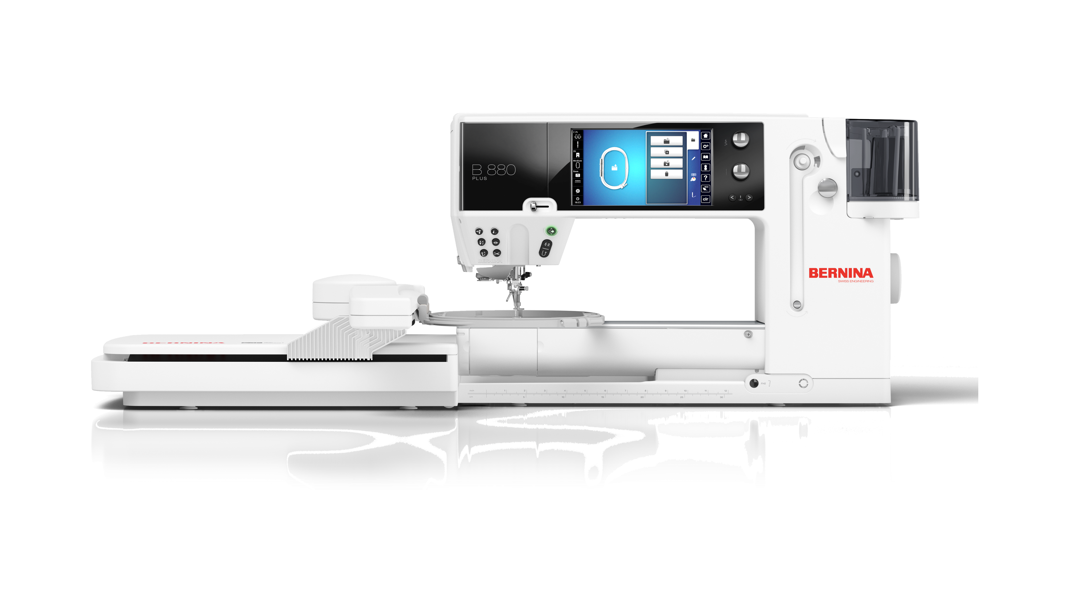front facing image of the BERNINA 880 PLUS Sewing and Embroidery Machine with module and hoop attached