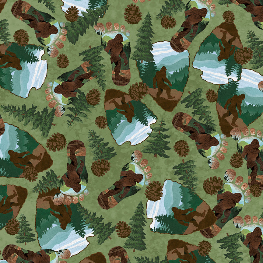 Fabric P & B Textiles Green Bigfoot and Footprints Bigfoot Country by the Quarter Yard 6125-G
