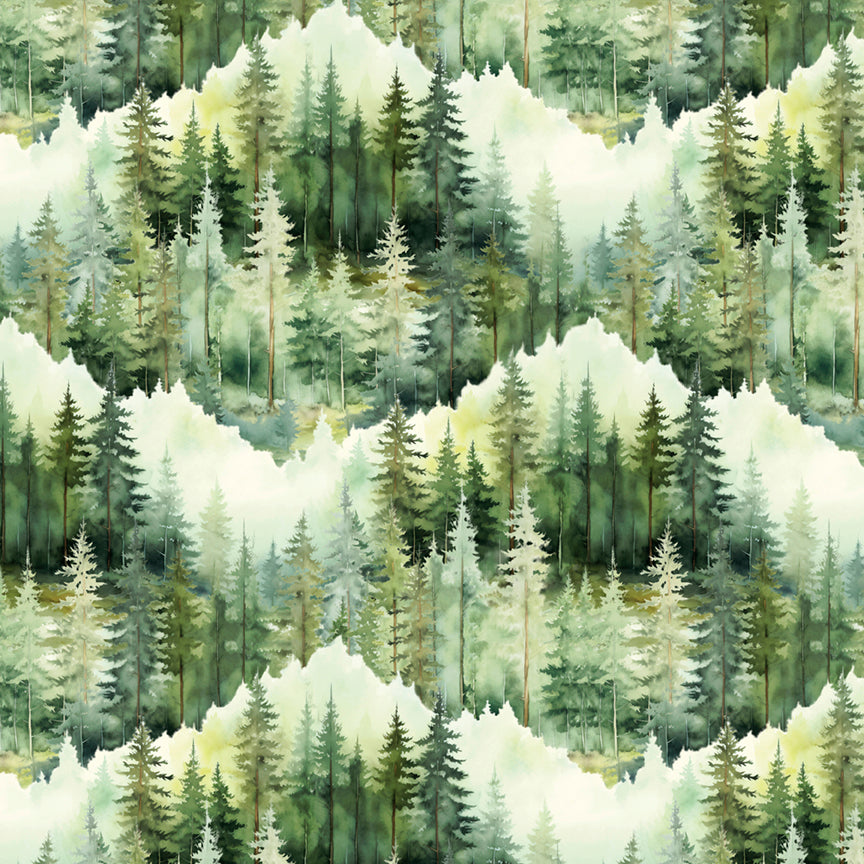 Fabric P & B Textiles Green Multi Scenic Trees Allover Bigfoot Country by the Quarter Yard 6127-GMU