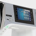 Close-up of a sewing machine's control panel with digital display and buttons.