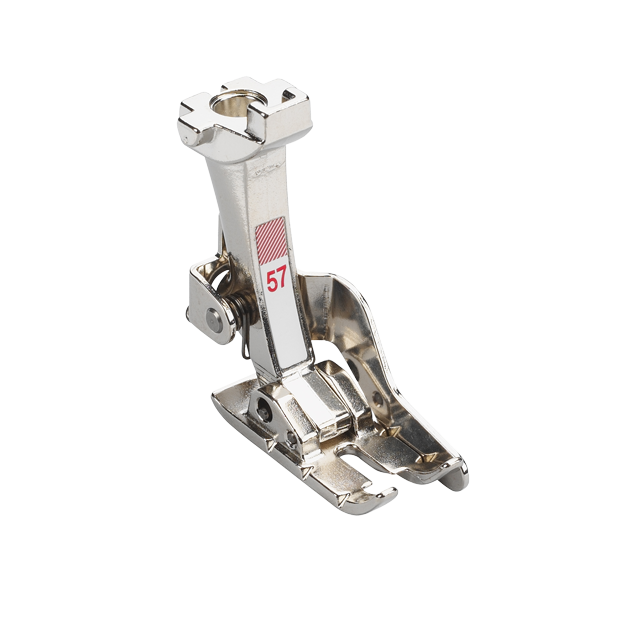 A polished stainless steel sewing or embroidery press foot with a red and white striped label showing the number 57, isolated on a white background.