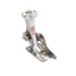 A polished stainless steel sewing or embroidery press foot with a red and white striped label showing the number 57, isolated on a white background.