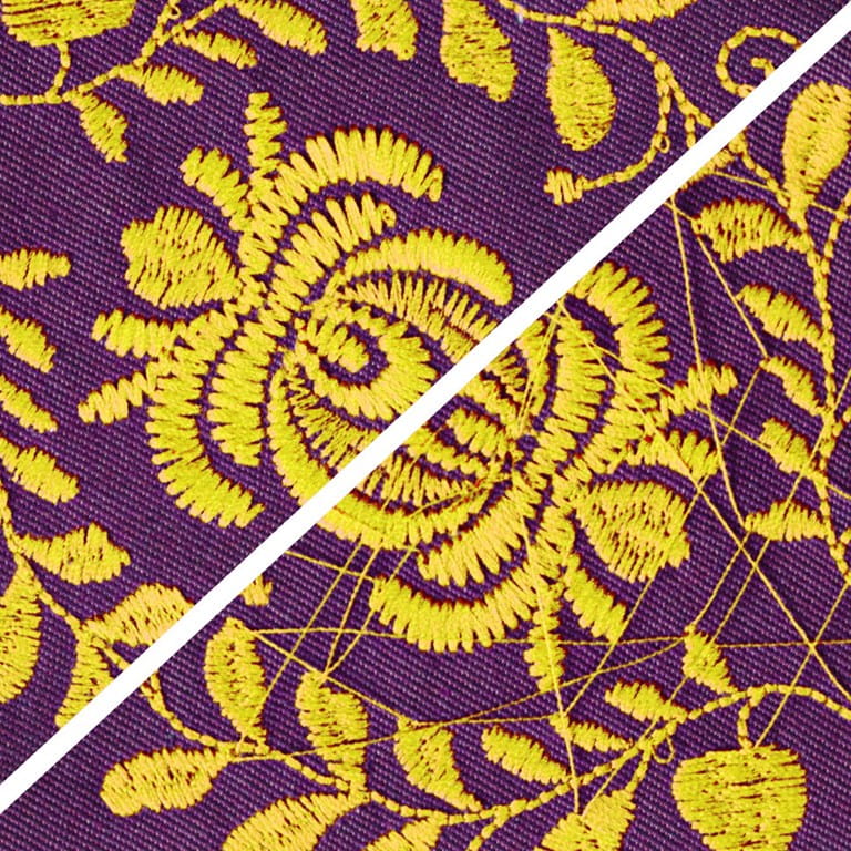 Purple fabric with yellow floral embroidery pattern