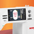 A close-up of a white Bernina sewing machine showing its digital touchscreen interface with a white oval overlay that reads 'CREATE WITH JOY' in red text, set against an orange and white background.