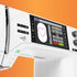 Sewing machine with digital display and control panel on an orange background