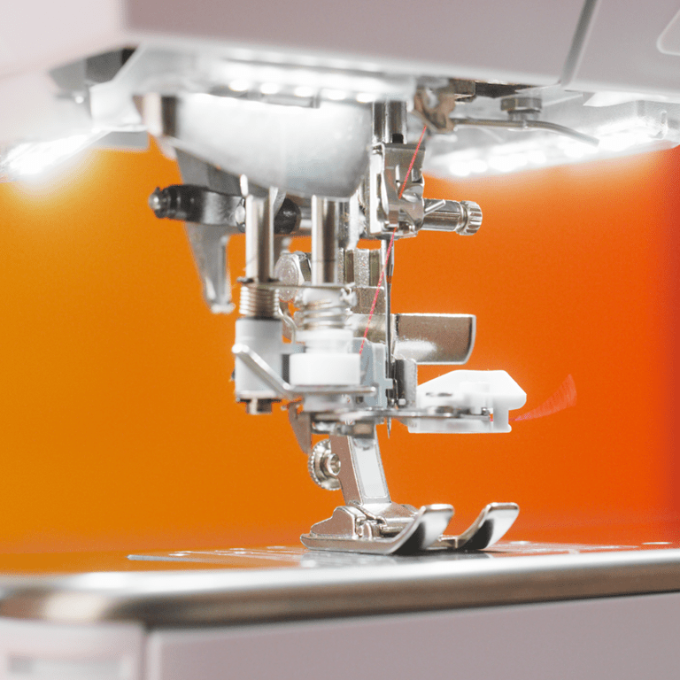Close-up of a sewing machine needle and presser foot on an orange background