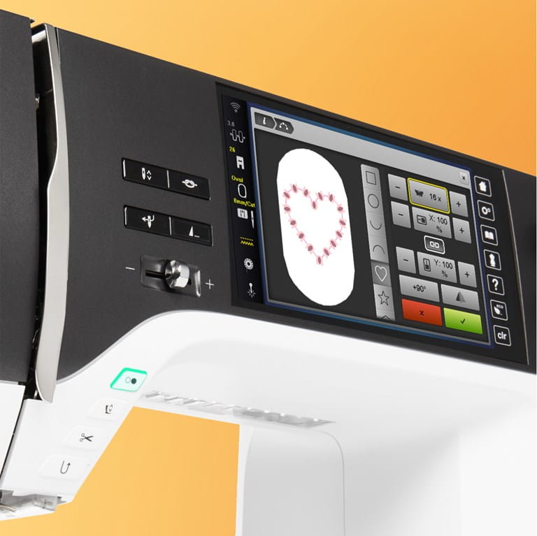 Close-up of a sewing machine's digital display and control panel with a white screen.