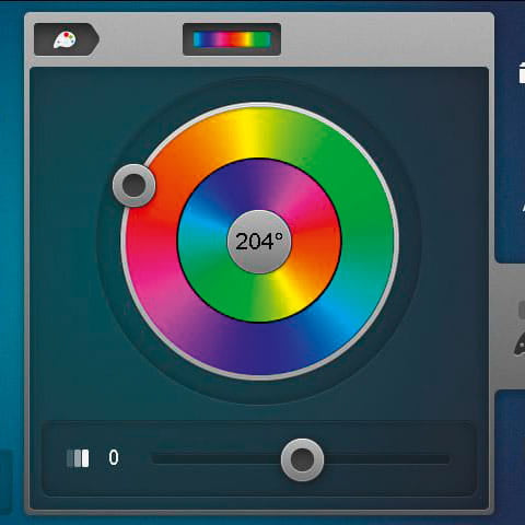A digital color picker interface showing a circular rainbow color wheel with a central label reading 204°, plus a small color strip and control sliders on a dark teal panel.