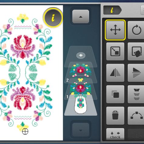 A digital embroidery design preview on the left with a colorful floral and scroll motif on a white background, alongside a dark gray software interface with tool icons on the right.