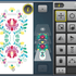 A digital embroidery design preview on the left with a colorful floral and scroll motif on a white background, alongside a dark gray software interface with tool icons on the right.