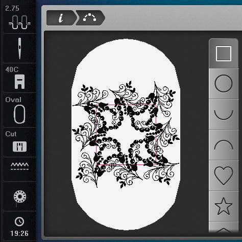A digital embroidery design preview showing a white oval template with a black floral scroll pattern in the center, surrounded by dark gray interface panels with tool icons on the left and right.