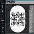 A digital embroidery design preview showing a white oval template with a black floral scroll pattern in the center, surrounded by dark gray interface panels with tool icons on the left and right.