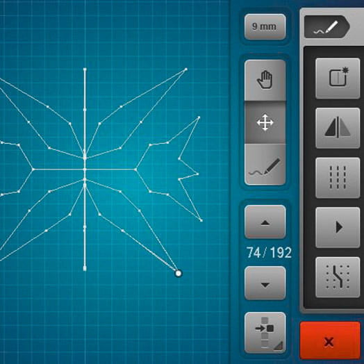 A digital sewing or quilting design interface on a blue grid background, showing a geometric star-like pattern made of white lines and dots, with a vertical toolbar of gray buttons on the right.
