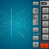 A digital sewing or quilting design interface on a blue grid background, showing a geometric star-like pattern made of white lines and dots, with a vertical toolbar of gray buttons on the right.