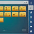 A screenshot of a digital interface showing a grid of gold folder-like tiles with numbers and symbols, alongside a blue sidebar with icons.