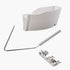 White sewing machine attachment kit with a presser foot, scrap bin, and balance wheel on a white background.