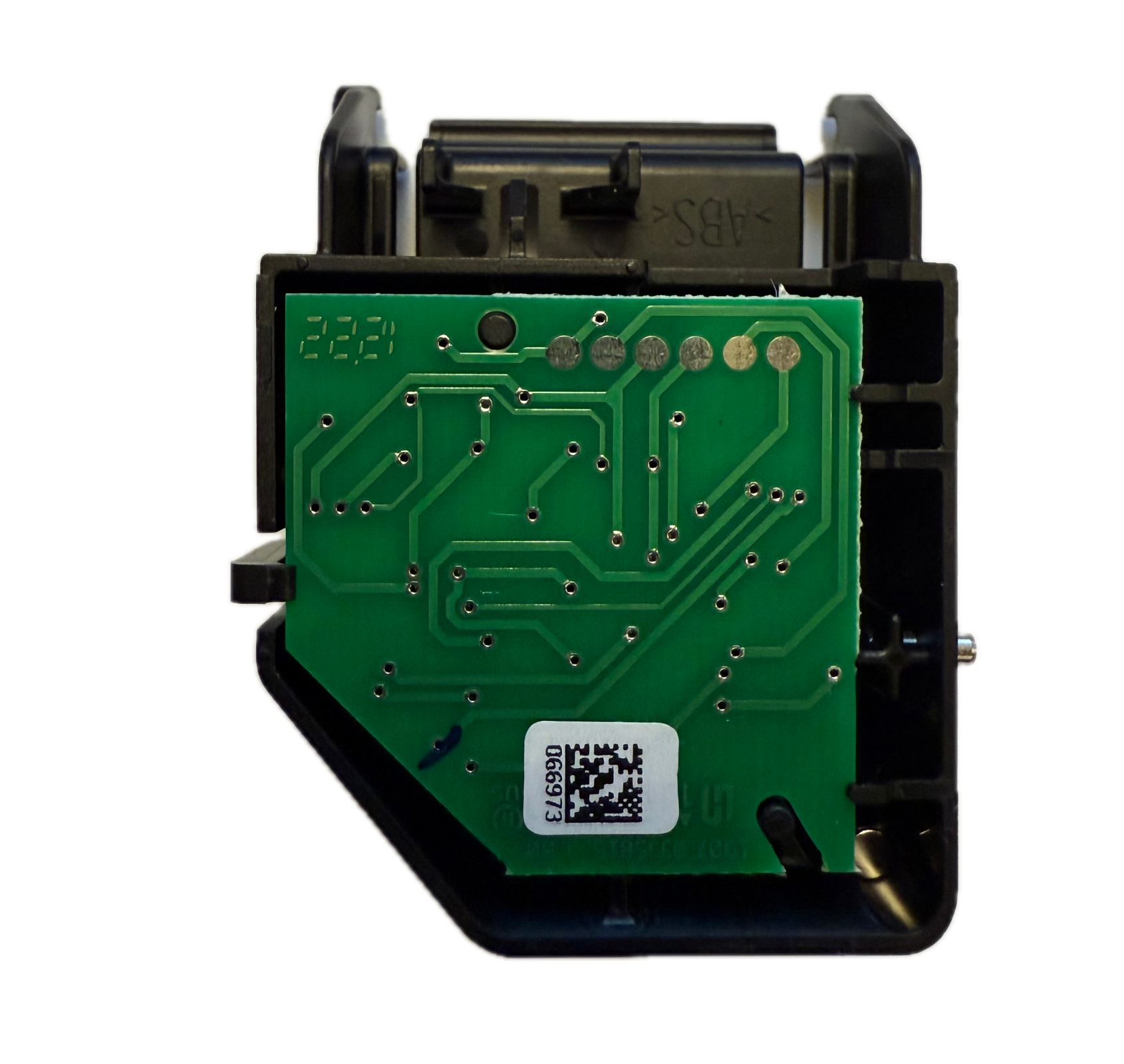 Electronic module with green circuit board and black casing on a white background