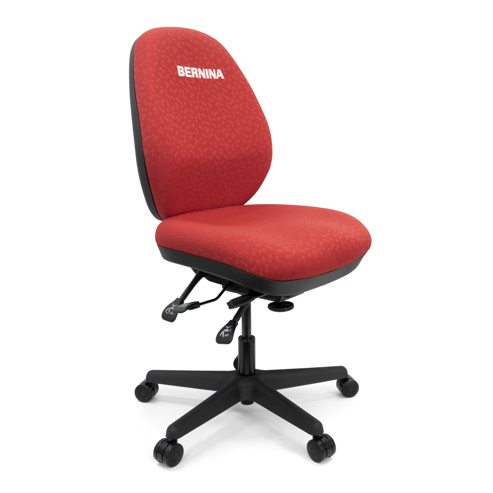 A red upholstered office chair with a black five-star base and casters. The backrest features the brand name 'BERNINA' in white text.