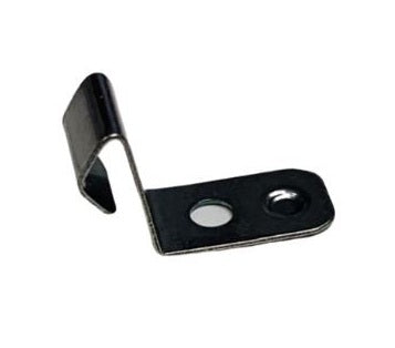 A small black metal bracket or clip with two circular holes, shown on a plain white background.
