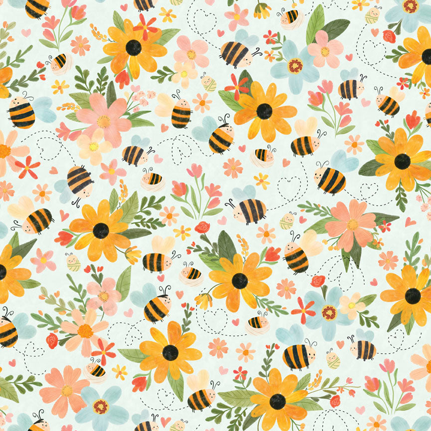 Fabric P&B Light Aqua Flowers and Bees Bee My Baby by the Quarter Yard 6385-LM
