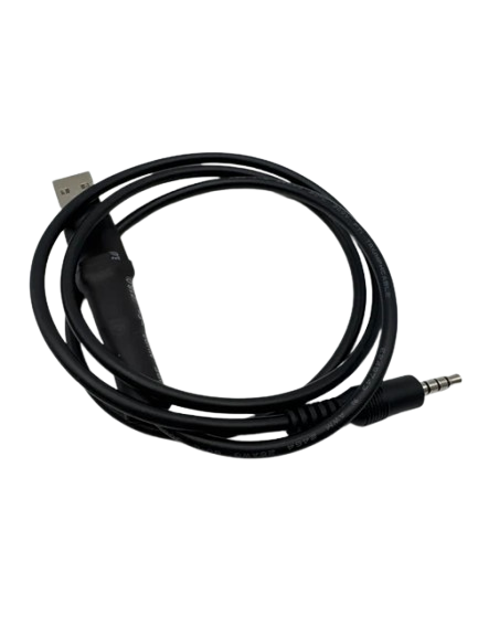 A black USB to 3.5mm adapter cable, coiled and shown on a plain white background.