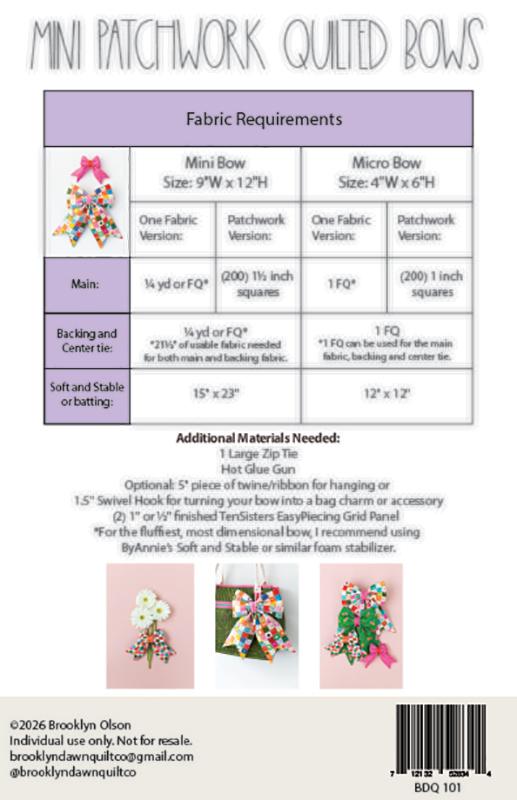 Fabric requirements chart for mini patchwork quilted bows with fabric swatches.