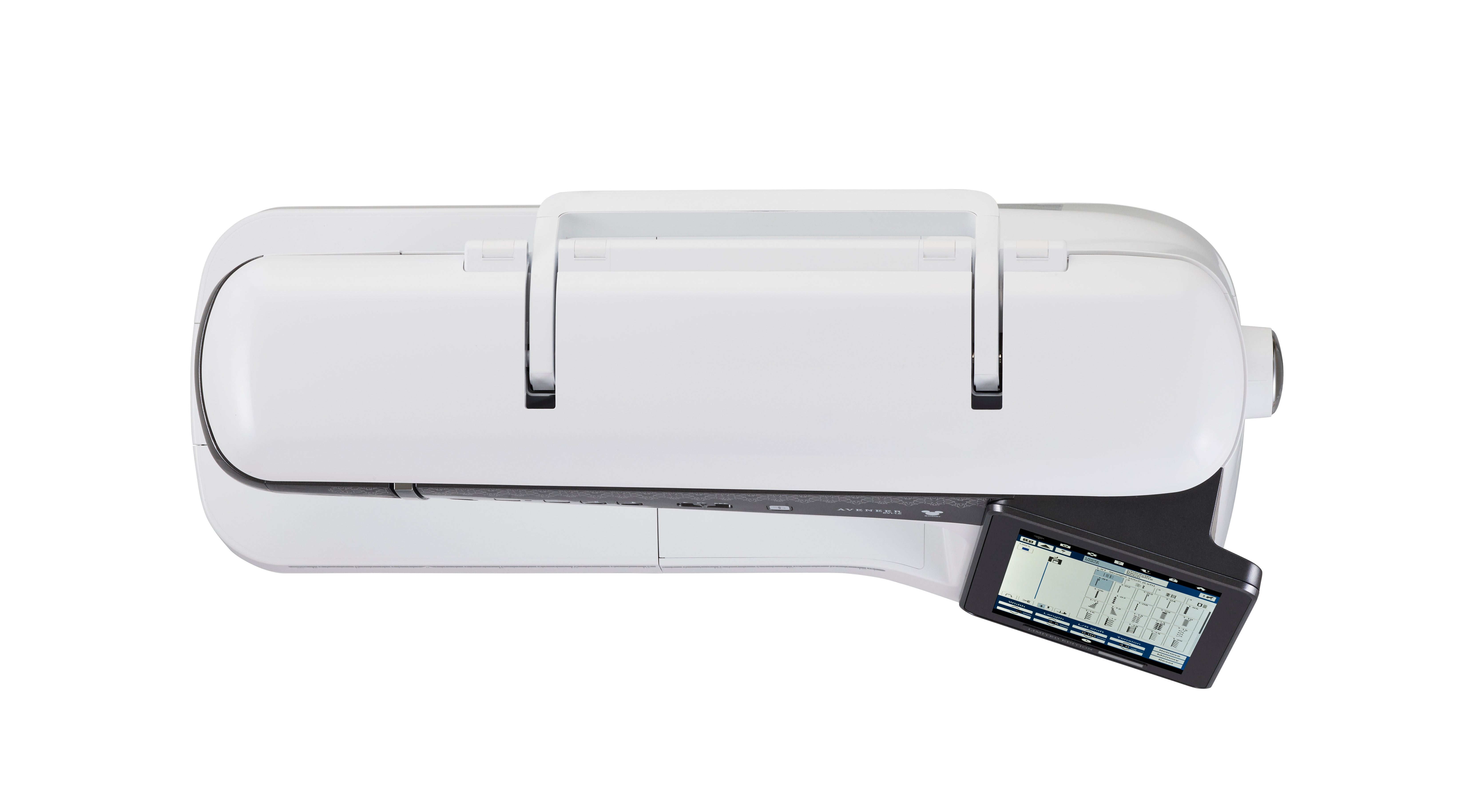 Top down Brother sewing machine with digital display on a white background