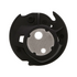 A black circular bobbin case featuring a silver metallic center plate with circular cutouts, shown on a plain white background.