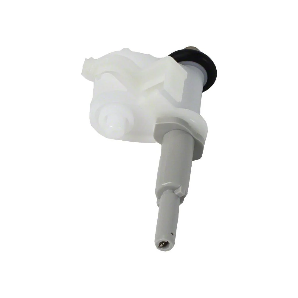 A plastic bobbin winder assembly component, featuring a translucent white body, a gray vertical tube, a black rubber gasket, and a silver metal tip, isolated on a white background.