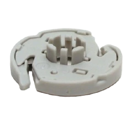 A light gray plastic circular plastic component with a central slot and curved outer flange, isolated on a white background.