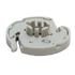 A light gray plastic circular plastic component with a central slot and curved outer flange, isolated on a white background.