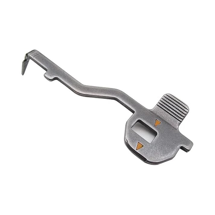 A silver metal mechanical lever or tool component with a textured ridged section and small orange arrow markings, shown on a plain white background.