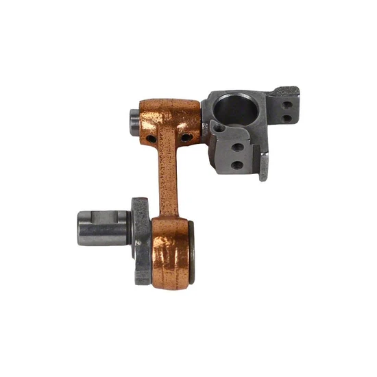 Mechanical component with bronze and gray metal parts on a white background