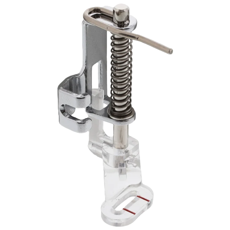 A metal and clear acrylic sewing or embroidery foot presser with a silver spring and lever, shown on a plain white background.