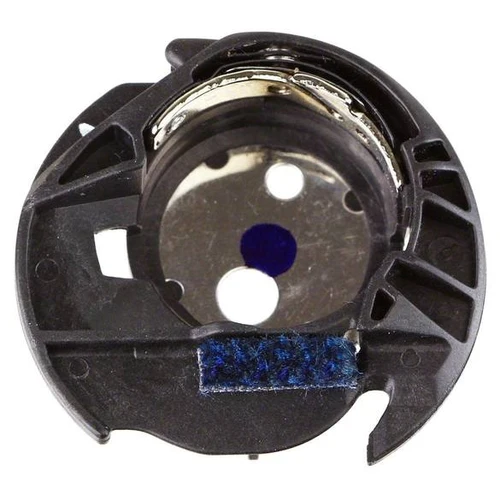 A close-up of a circular black plastic mechanical component with a metallic inner ring, a blue circular insert, and a blue textured strip near the bottom, shown on a white background.