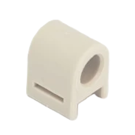 An off-white plastic knob holder with a circular opening and a rectangular slot on the side, shown against a plain white background.