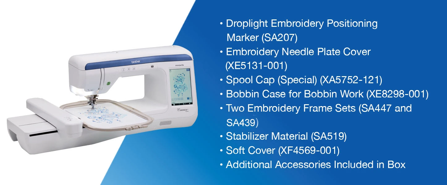 A white and blue embroidery machine shown on a white background next to a blue text panel listing included accessories and model numbers.
