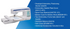 A white and blue embroidery machine shown on a white background next to a blue text panel listing included accessories and model numbers.