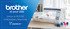 Brother Innov-is VE2300 embroidery machine on a light wood table in a bright room, with a large blue promotional banner on the left reading 'brother at your side' and 'Innov-is VE2300 Embroidery Machine Essence'.