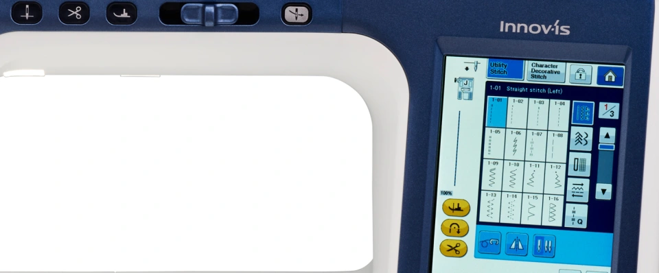 Close-up of an Innovis sewing machine showing the digital control touchscreen