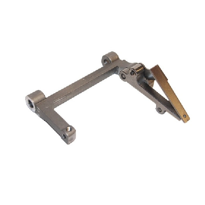 A metal mechanical linkage arm with a dark gray anodized finish and a brass-colored lever, isolated on a white background.