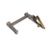 A metal mechanical linkage arm with a dark gray anodized finish and a brass-colored lever, isolated on a white background.