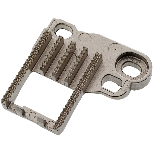 A metallic silver replacement part with multiple slots, holes, and textured ridges, shown on a plain white background.